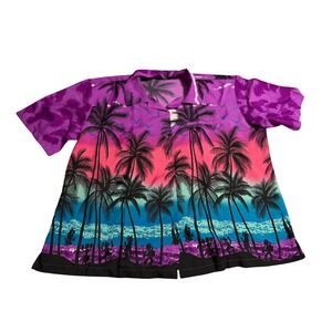 King Kameha Mens 3XL Hawaiian Shirt‎ Purple Pink Sunset Palm Tree Beach Tropical